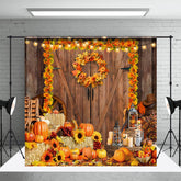 Aperturee - Aperturee Wood Door Autumn Wreath Pumpkin Fall Backdrop